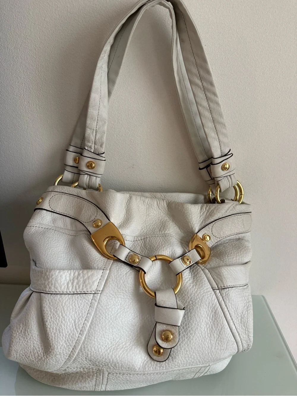 b. makowsky White Leather Shoulder Bag with Gold Ring Detail